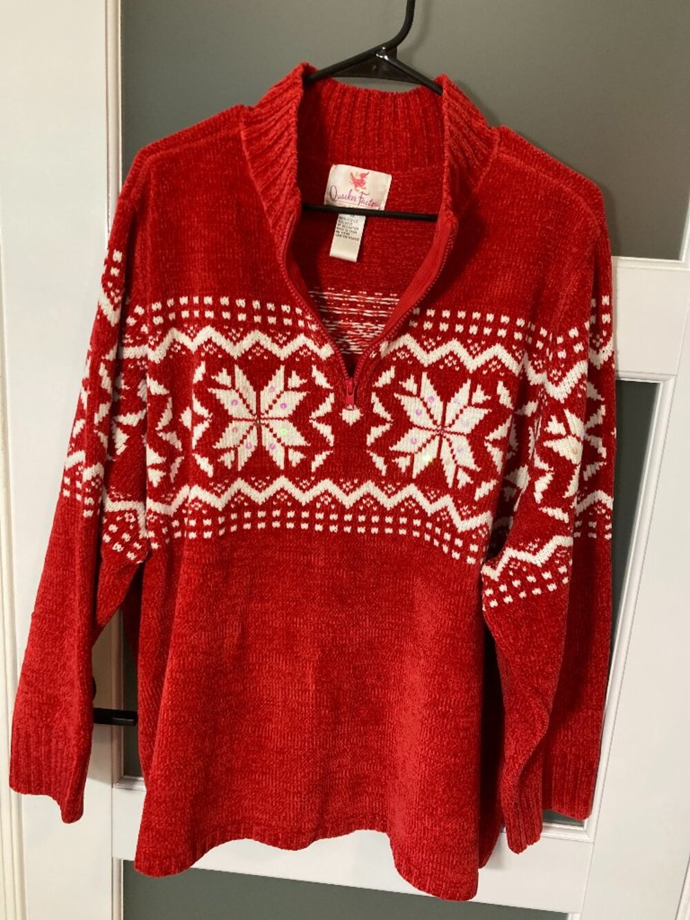 Quacker Factory Red Chenille Fair Isle Snowflake Quarter Zip Sweater 2X